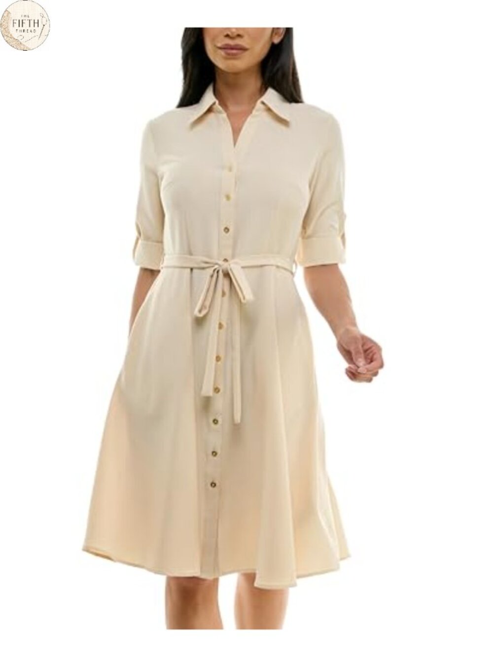 Pleated Shirt Dress 3/4 Sleeve V-Neck Gold Buttons Midi
